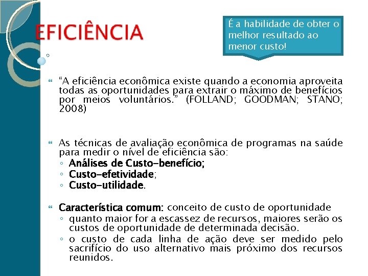 É a habilidade de obter o melhor resultado ao menor custo! “A eficiência econômica