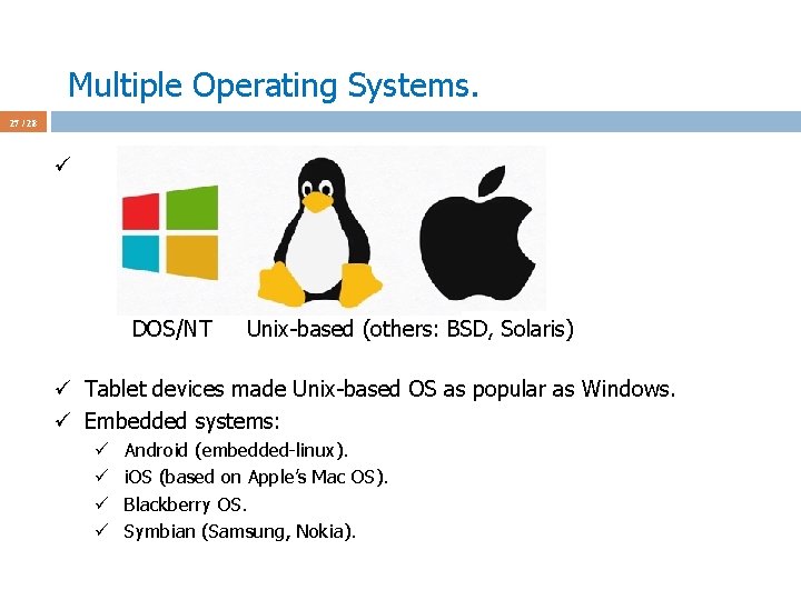 Multiple Operating Systems. 27 / 28 ü DOS/NT Unix-based (others: BSD, Solaris) ü Tablet
