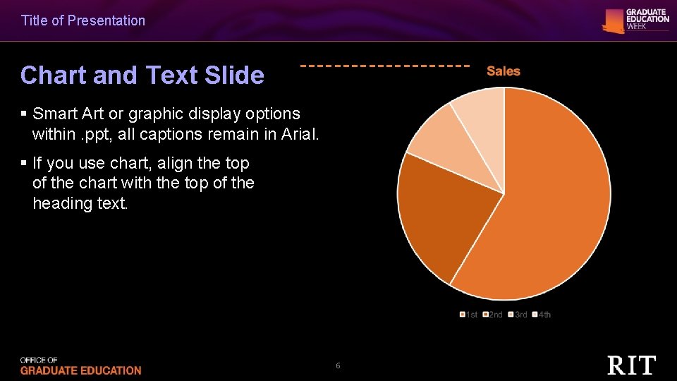 Title of Presentation Chart and Text Slide § Smart Art or graphic display options