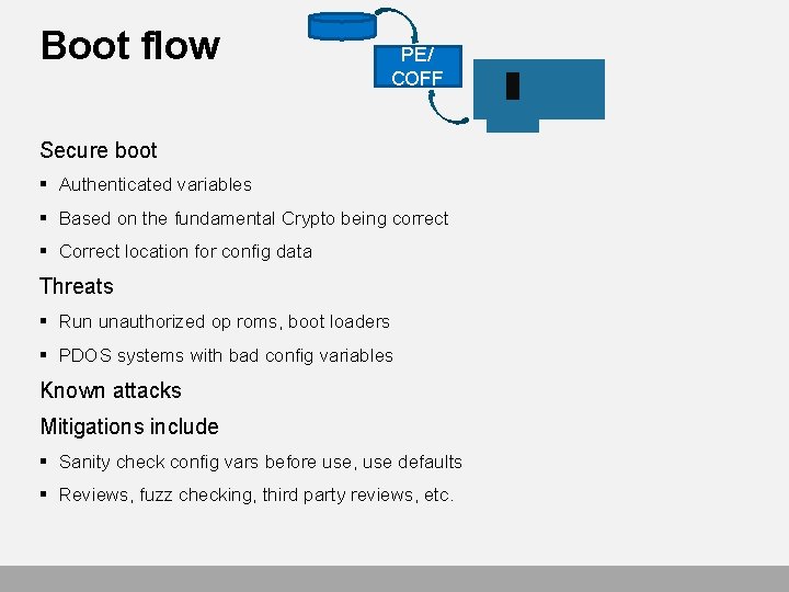 Boot flow PE/ COFF Secure boot § Authenticated variables § Based on the fundamental