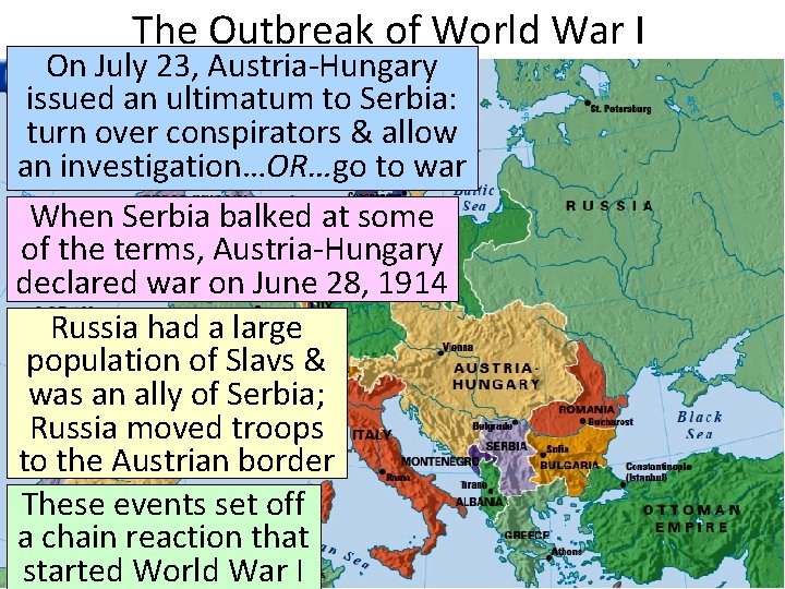 The Outbreak of World War I On July 23, Austria-Hungary issued an ultimatum to