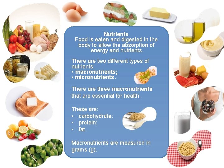 Nutrients Food is eaten and digested in the body to allow the absorption of
