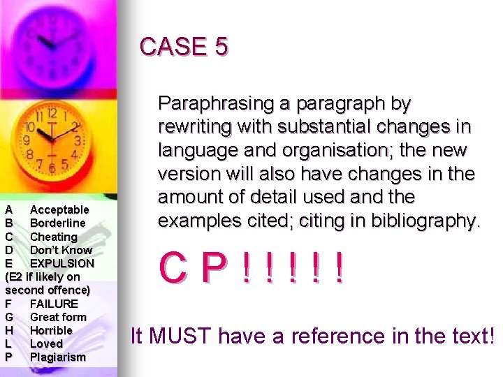 CASE 5 A Acceptable B Borderline C Cheating D Don’t Know E EXPULSION (E