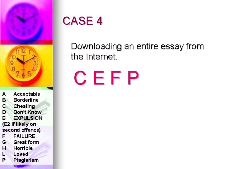 CASE 4 Downloading an entire essay from the Internet. CEFP A Acceptable B Borderline