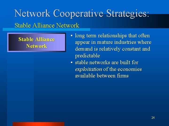 Network Cooperative Strategies: Stable Alliance Network • long term relationships that often appear in