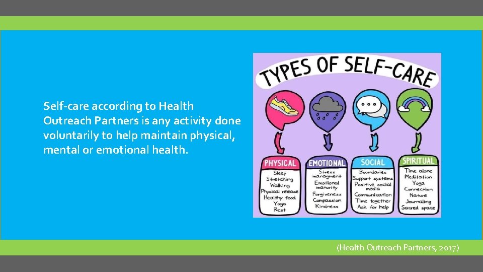 Self-care according to Health Outreach Partners is any activity done voluntarily to help maintain