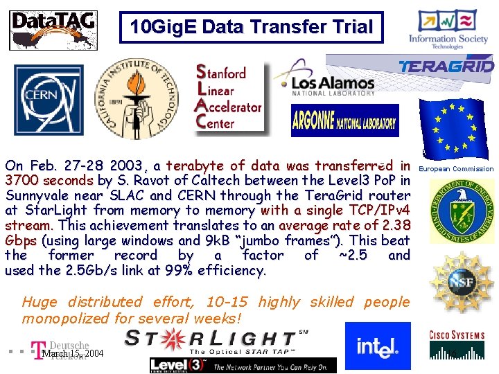 10 Gig. E Data Transfer Trial On Feb. 27 -28 2003, a terabyte of