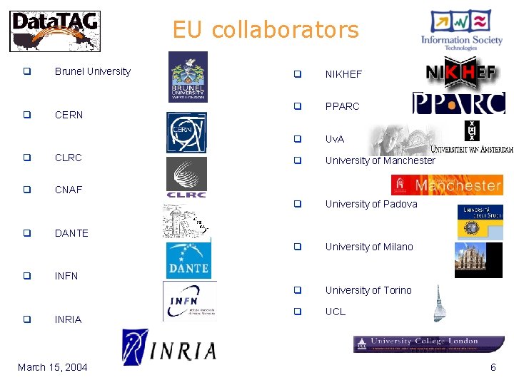EU collaborators q Brunel University q CERN q CLRC q CNAF q q NIKHEF