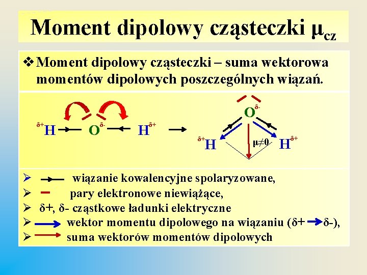 Moment dipolowy cząsteczki μcz v Moment dipolowy cząsteczki – suma wektorowa momentów dipolowych poszczególnych