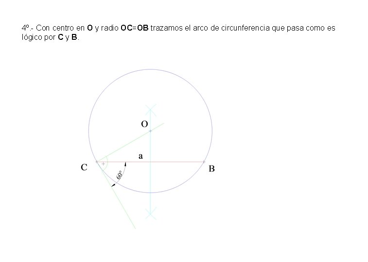 4º. - Con centro en O y radio OC=OB trazamos el arco de circunferencia