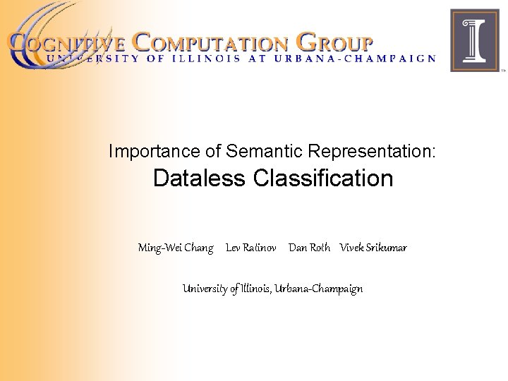 Importance of Semantic Representation: Dataless Classification Ming-Wei Chang Lev Ratinov Dan Roth Vivek Srikumar