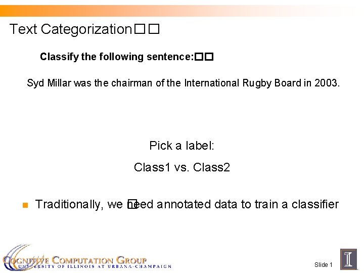 Text Categorization�� Classify the following sentence: �� Syd Millar was the chairman of the