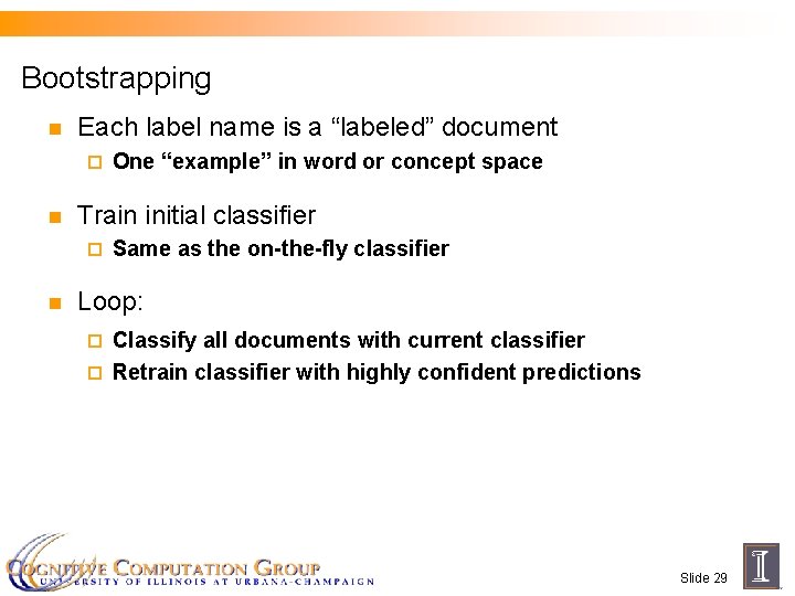Bootstrapping n Each label name is a “labeled” document ¨ n Train initial classifier