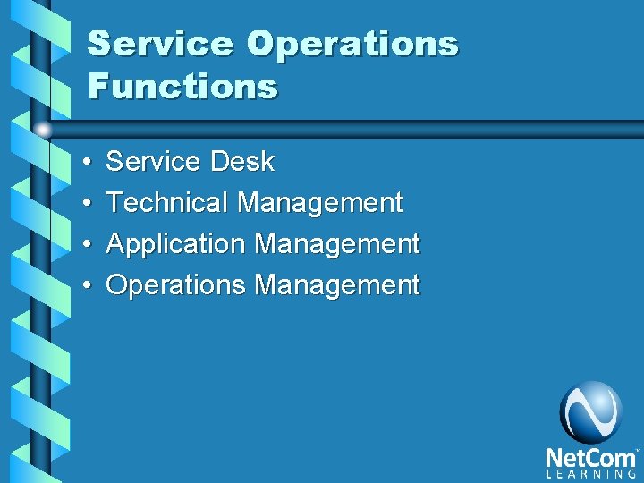 Service Operations Functions • • Service Desk Technical Management Application Management Operations Management 