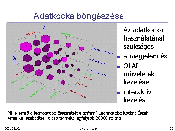 Adatkocka böngészése n n n Az adatkocka használatánál szükséges a megjelenítés OLAP műveletek kezelése