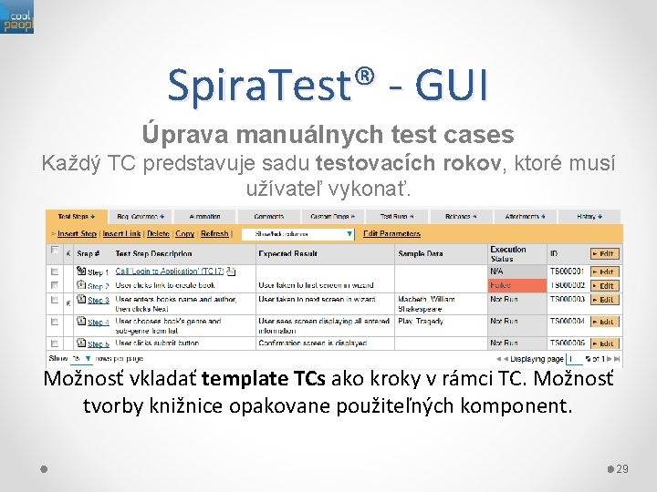 Spira. Test® - GUI Úprava manuálnych test cases Každý TC predstavuje sadu testovacích rokov,