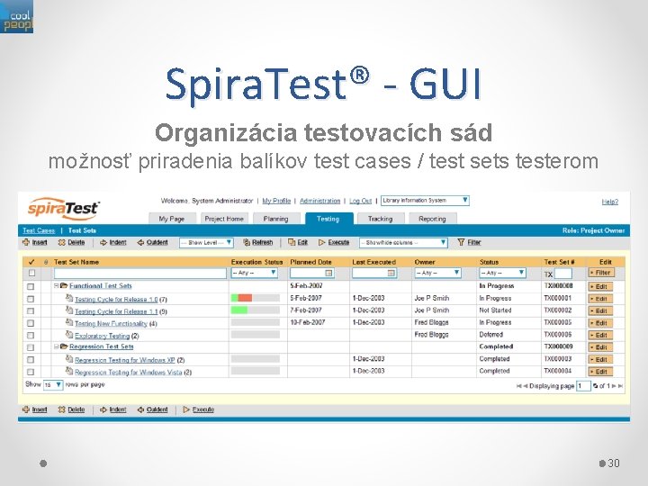 Spira. Test® - GUI Organizácia testovacích sád možnosť priradenia balíkov test cases / test
