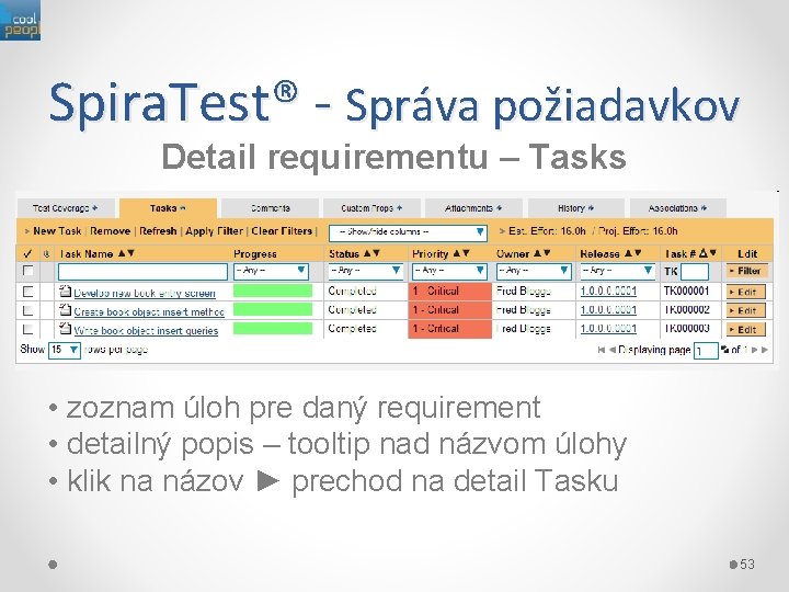 Spira. Test® - Správa požiadavkov Detail requirementu – Tasks • zoznam úloh pre daný
