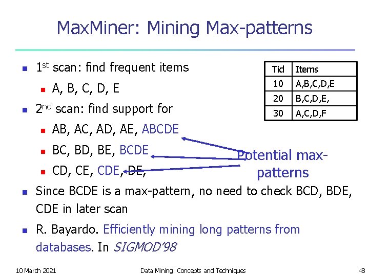Max. Miner: Mining Max-patterns n 1 st scan: find frequent items n n A,