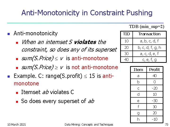 Anti-Monotonicity in Constraint Pushing TDB (min_sup=2) n Anti-monotonicity n n When an intemset S