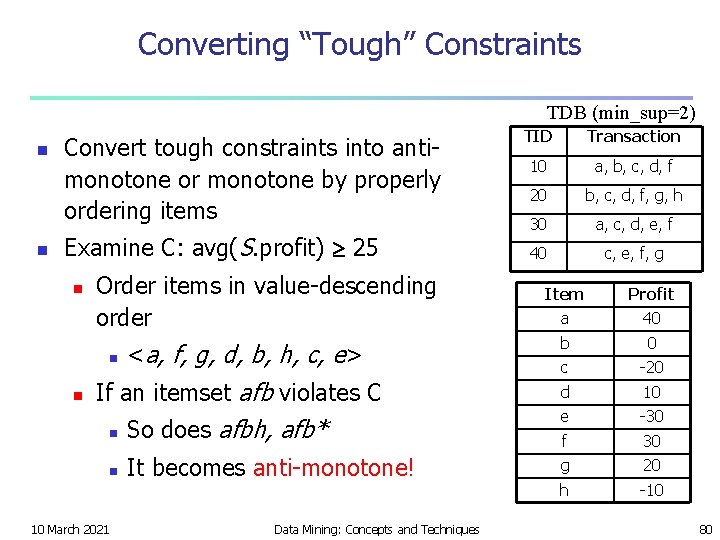 Converting “Tough” Constraints TDB (min_sup=2) n n Convert tough constraints into antimonotone or monotone