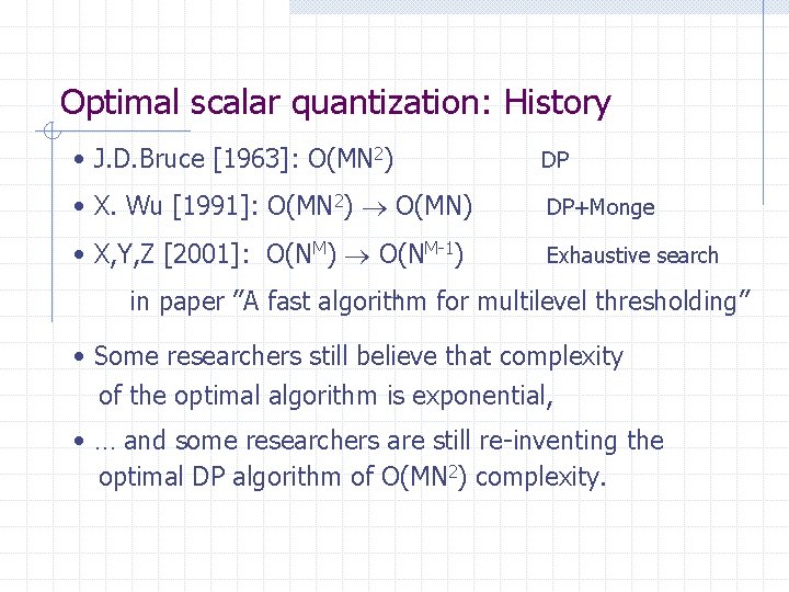 Optimal scalar quantization: History • J. D. Bruce [1963]: O(MN 2) DP • X.