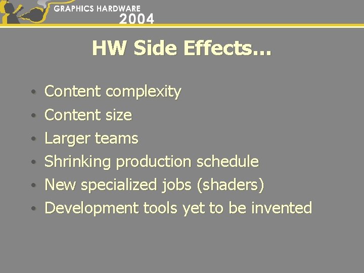 HW Side Effects… • • • Content complexity Content size Larger teams Shrinking production