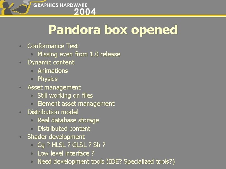 Pandora box opened • Conformance Test • Missing even from 1. 0 release •