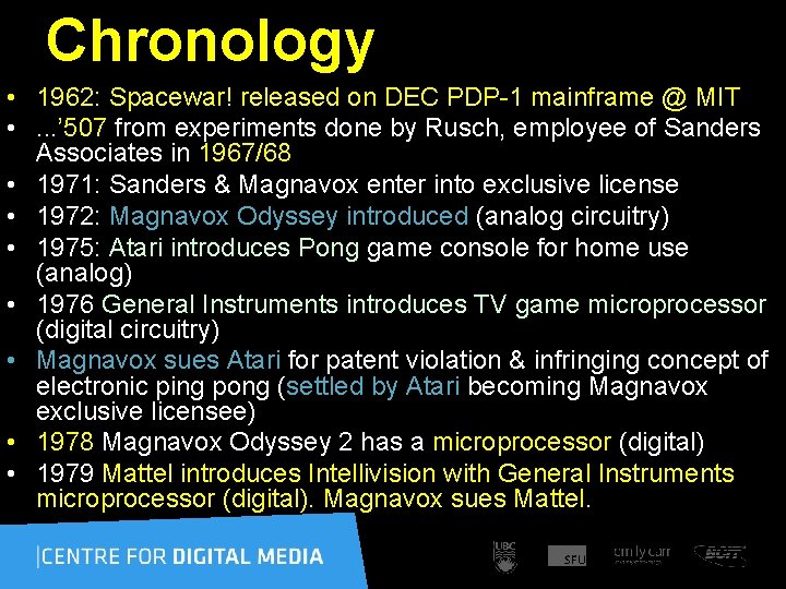 Chronology • 1962: Spacewar! released on DEC PDP-1 mainframe @ MIT • . .