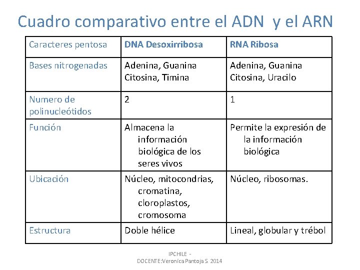 Cuadro comparativo entre el ADN y el ARN Caracteres pentosa DNA Desoxirribosa RNA Ribosa