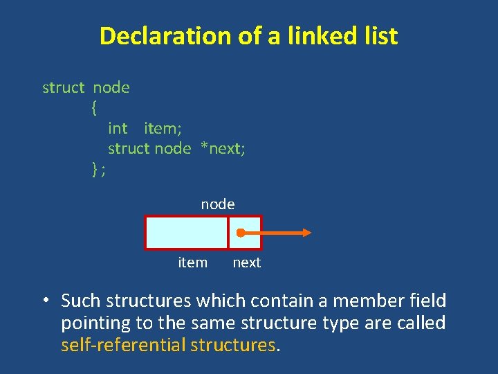 Declaration of a linked list struct node { int item; struct node *next; };