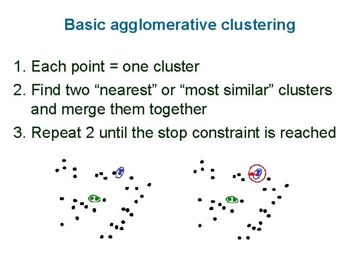 Basic agglomerative clustering 1. Each point = one cluster 2. Find two “nearest” or