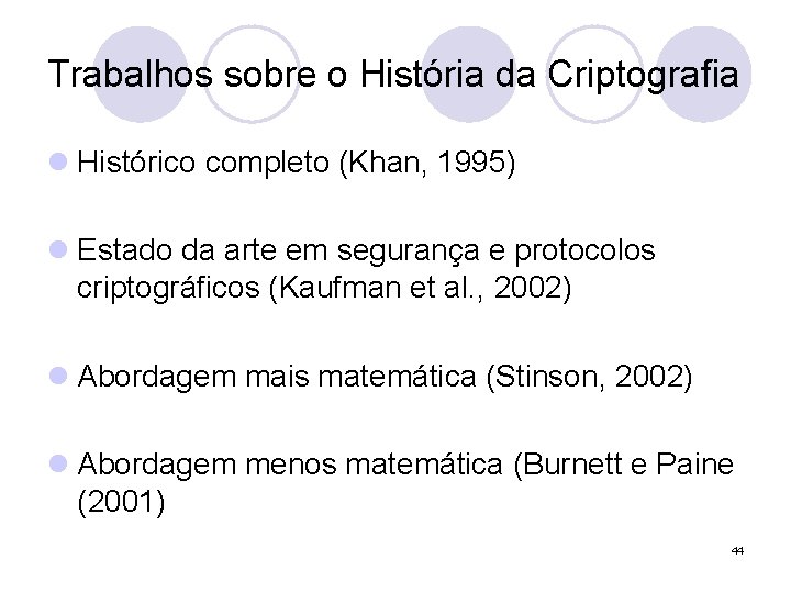 Trabalhos sobre o História da Criptografia l Histórico completo (Khan, 1995) l Estado da