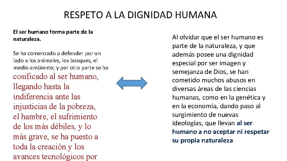 RESPETO A LA DIGNIDAD HUMANA El ser humano forma parte de la naturaleza. Se