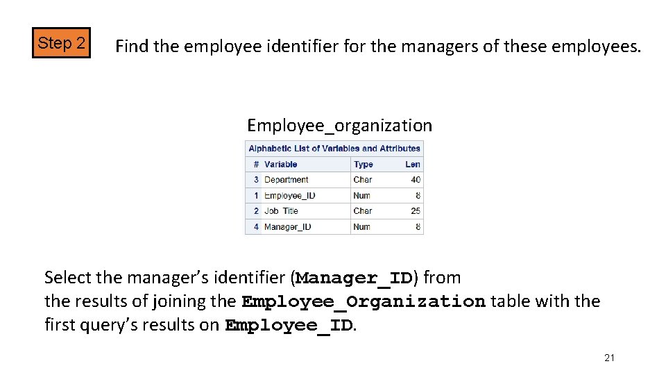 Step 2 Find the employee identifier for the managers of these employees. Employee_organization Select