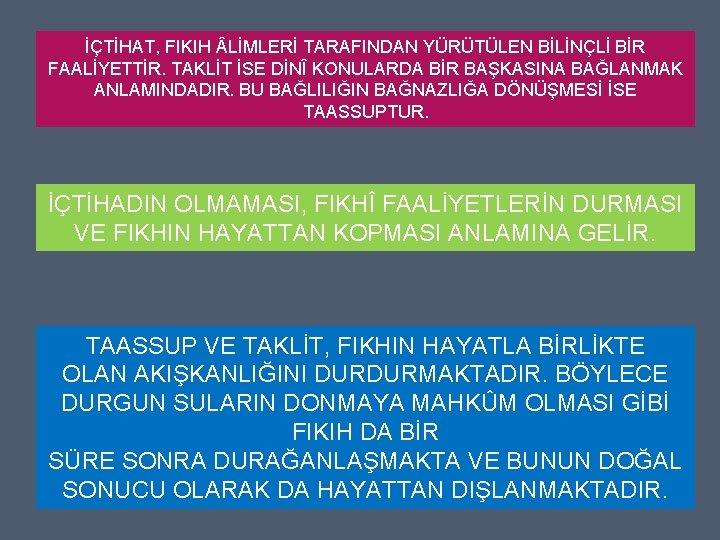 İÇTİHAT, FIKIH LİMLERİ TARAFINDAN YÜRÜTÜLEN BİLİNÇLİ BİR FAALİYETTİR. TAKLİT İSE DİNÎ KONULARDA BİR BAŞKASINA