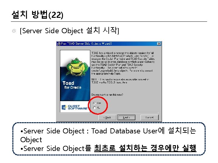 설치 방법(22) [Server Side Object 설치 시작] • Server Side Object : Toad Database