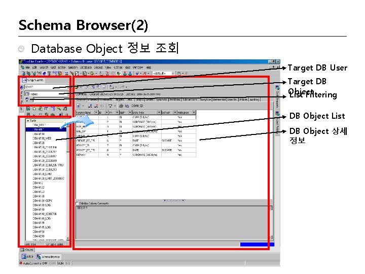 Schema Browser(2) Database Object 정보 조회 Target DB User Target DB Object List Filtering