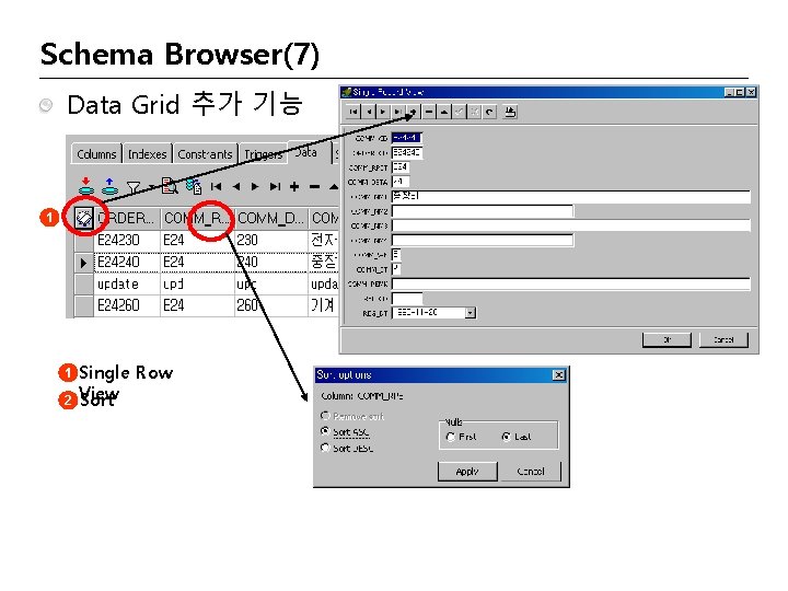 Schema Browser(7) Data Grid 추가 기능 1 1 2 Single Row View Sort 