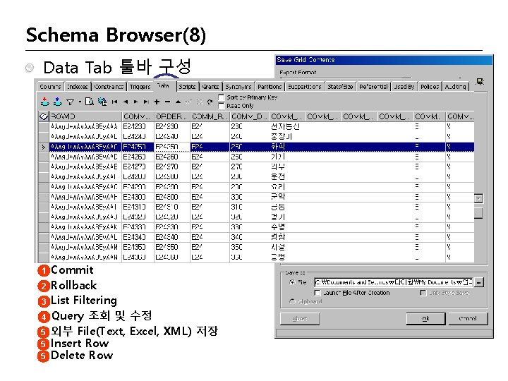 Schema Browser(8) Data Tab 툴바 구성 1 1 2 3 4 5 5 5