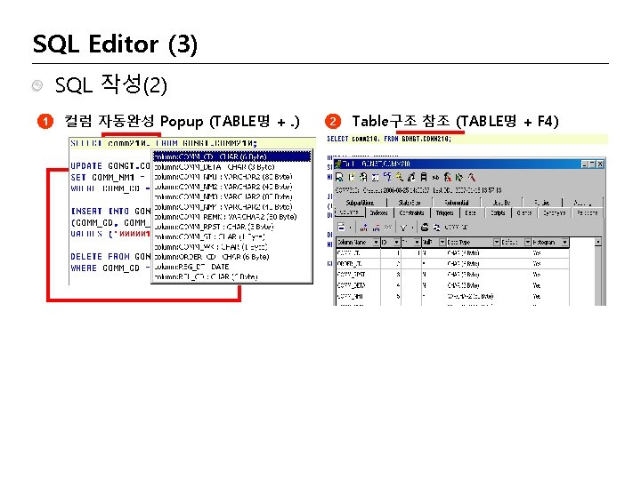 SQL Editor (3) SQL 작성(2) 1 컬럼 자동완성 Popup (TABLE명 +. ) 2 2