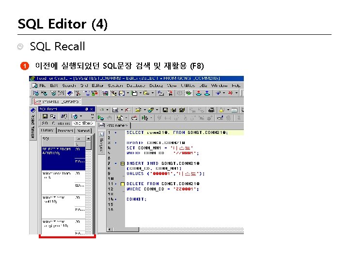 SQL Editor (4) SQL Recall 1 이전에 실행되었던 SQL문장 검색 및 재활용 (F 8)