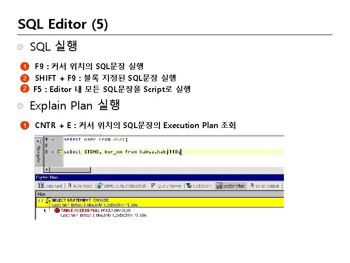 SQL Editor (5) SQL 실행 1 2 2 F 9 : 커서 위치의 SQL문장