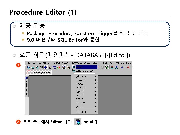 Procedure Editor (1) 제공 기능 Package, Procedure, Function, Trigger를 작성 및 편집 9. 0
