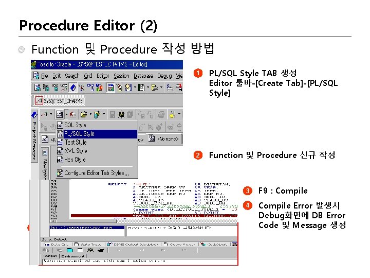 Procedure Editor (2) Function 및 Procedure 작성 방법 1 PL/SQL Style TAB 생성 Editor