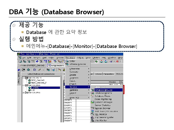 DBA 기능 (Database Browser) 제공 기능 Database 에 관한 요약 정보 실행 방법 메인메뉴-[Database]-[Monitor]-[Database