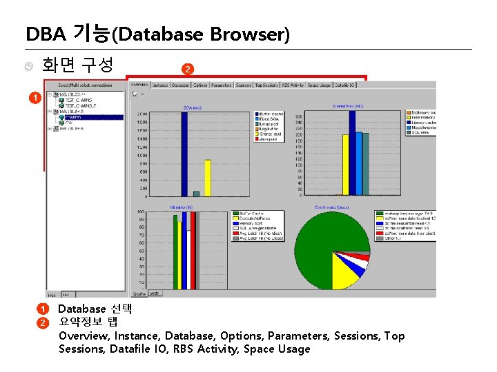 DBA 기능(Database Browser) 화면 구성 2 1 1 2 Database 선택 요약정보 탭 Overview,
