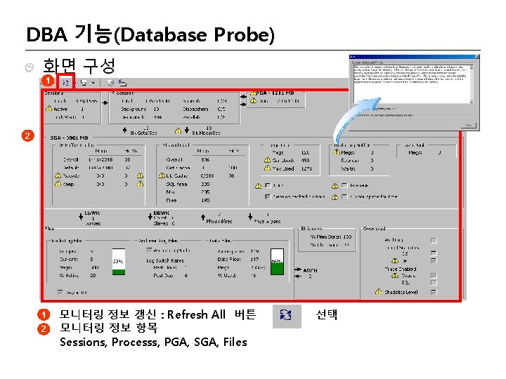 DBA 기능(Database Probe) 화면 구성 1 2 모니터링 정보 갱신 : Refresh All 버튼