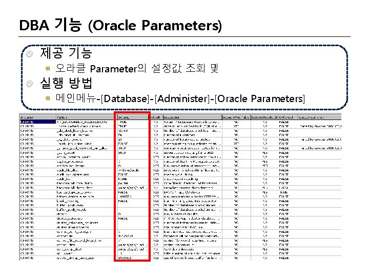 DBA 기능 (Oracle Parameters) 제공 기능 오라클 Parameter의 설정값 조회 및 실행 방법 메인메뉴-[Database]-[Administer]-[Oracle