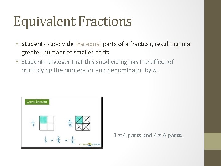 Equivalent Fractions • Students subdivide the equal parts of a fraction, resulting in a